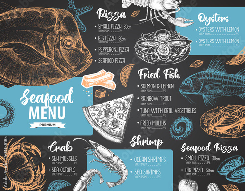 Chalk drawing seafood restaurant menu design with hand drawing fish. Vector illustration