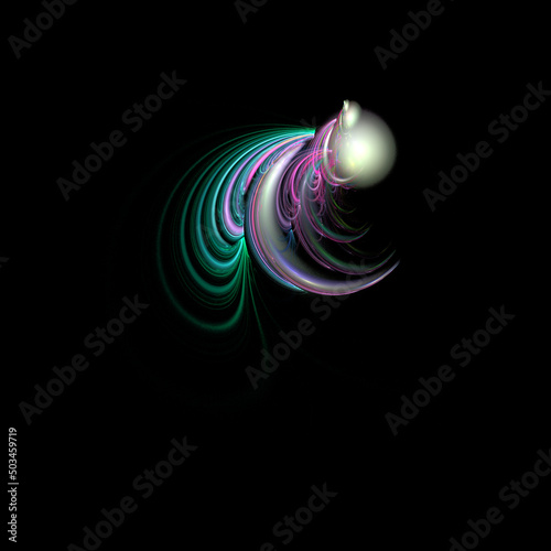 abstract linear green with purple graphic element on black background, design element, art, fantasy bird tail