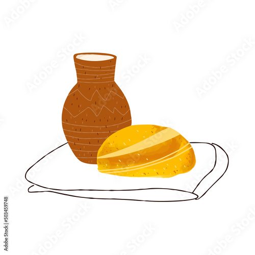 Illustration of ukrainian bread palyanytsya and ukrainian jug clay glechik isolated on white background