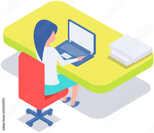 Businesswoman entrepreneur in business suit working at her office desk. Woman sitting with laptop surfing internet. Manager uses computer, modern technology for work. Clerk, office worker at workplace