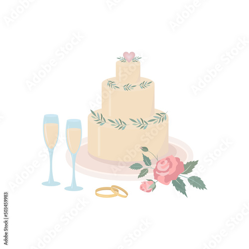 Wedding illustration with cake, champagne, rings and flowers