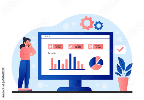 Website stats concept. Financial literacy, work with statistics. Analytical department conducts marketing research, evaluates effectiveness of company or project. Cartoon flat vector illustration