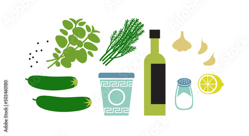 Fresh tzatziki or raita fresh ingredients. Sauce making. Horizontal flat vector illustration isolated on white.