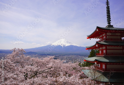 新倉山浅間公園の忠霊塔と満開の桜と富士山