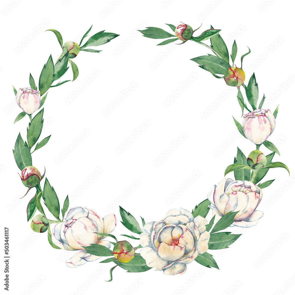 Delicate floral frame. White peony flowers, buds and leaves in romantic wreath. Watercolor hand painted isolated illustration on white background.