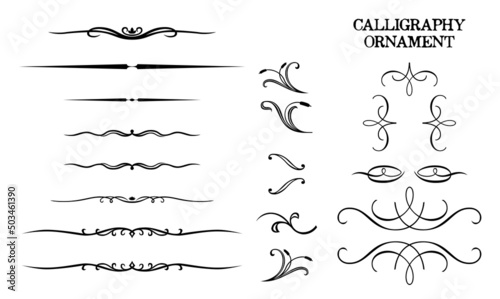 Calligraphic Frame. Royal Ornament Set. Vintage Element. Decorative Swirl, Vintage Crown, Flourishes. Retro Vector Illustration. Hand Drawn Design. Filigree Divider Wedding. Calligraphy Black