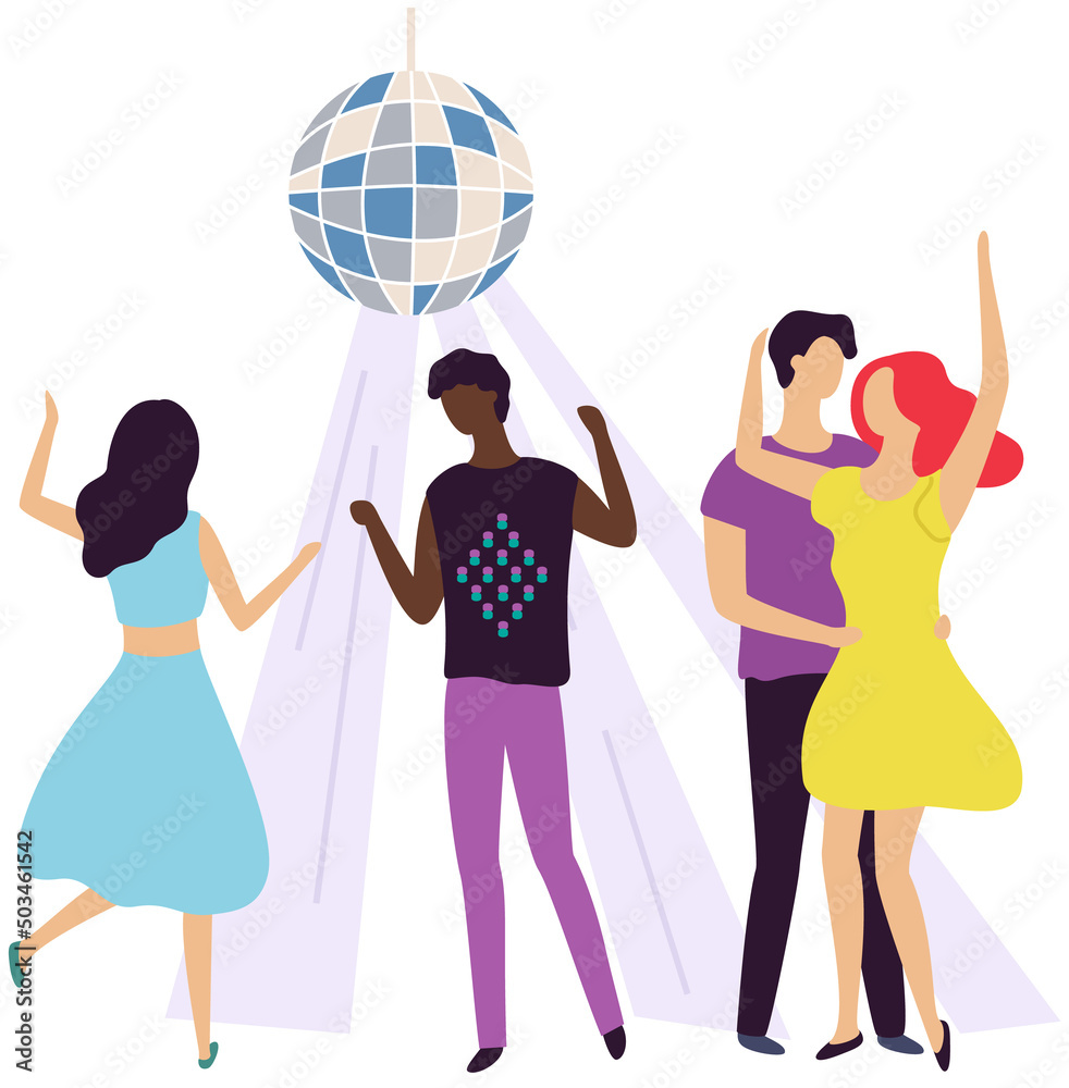 Vecteur Stock Young people spending time together at party, Man and women  dancing and having fun. Group of friends while dancing in nightclub with  disco ball. Dance, entertainment, pastime recreation concept