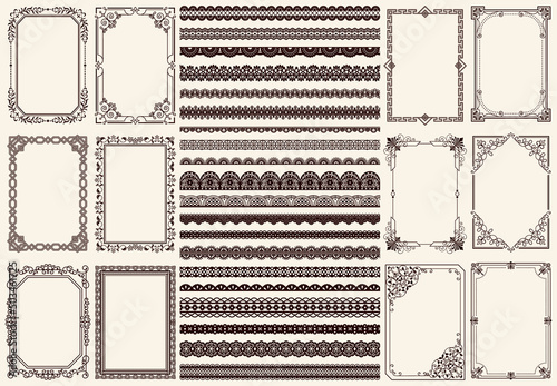 Set of wide lace ribbons and frames with ornament. Black design elements isolated in retro style. Pattern for creating vintage style, decor design. Lace decoration template, frameworks