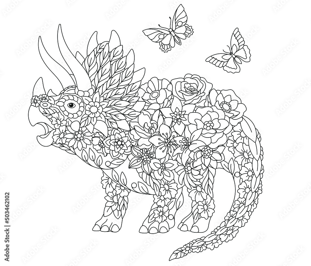 Fototapeta premium Floral adult coloring book page. Fairy tale triceratops dinosaur. Ethereal animal consisting of flowers, leaves and butterflies.