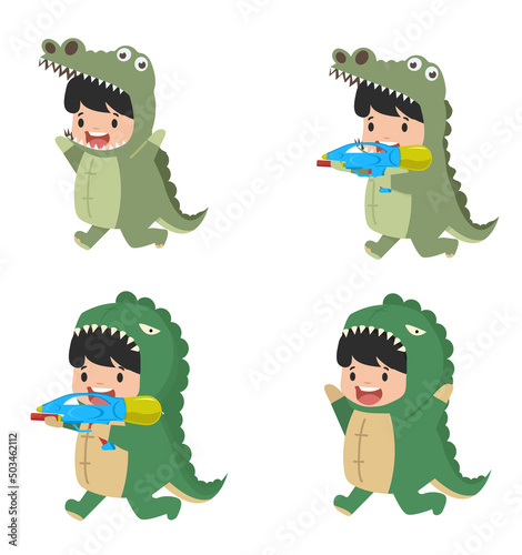 Set of cartoon little kid characters in animal costumes crocodile