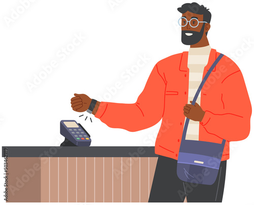 Guy paying using cashless technology. Payment through smartwatches with NFC. Contactless, noncontact payment, digital banking concept. Man with smart watch pays via POS terminal vector illustration photo