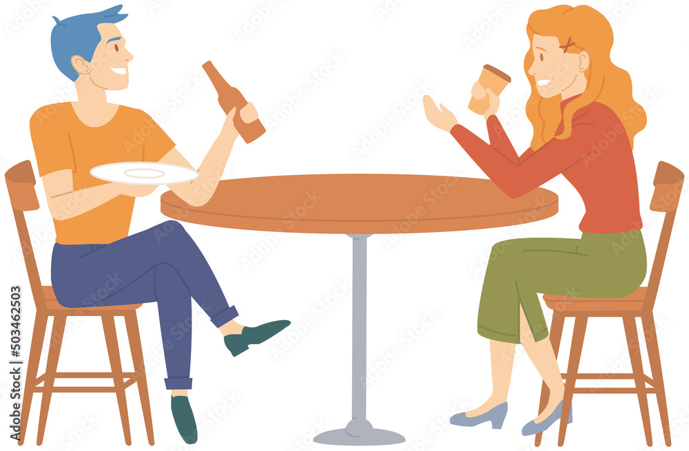 Married couple sitting in cafe drink tea or coffee. Woman and man spend time in cafeteria together. Friends relax and communicate. Friendship and joint pastime concept. People talking in coffee shop