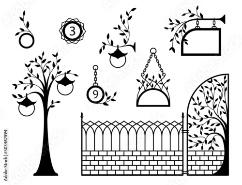 Iron fence with gates, signboards, pointers and lanterns. Metal entrance, street lights and signs in vintage style. Sophisticated, beautiful forged design elements. Isolated black silhouette. Vector