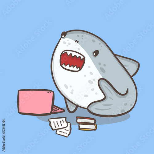 cute shark cartoon student animal think and study on laptop, back to school