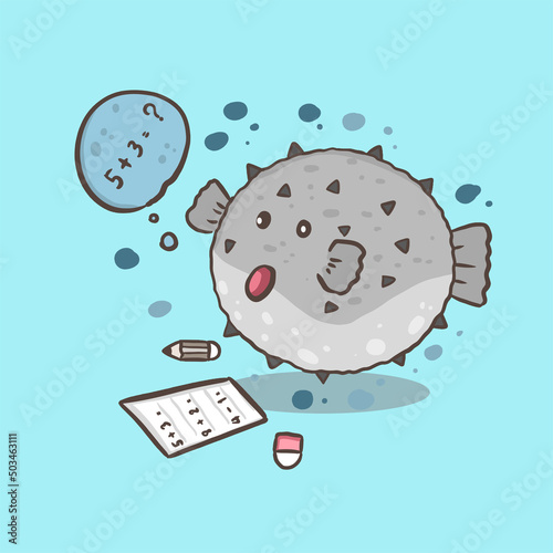 puffer fish cartoon student animal think and study Math, back to school