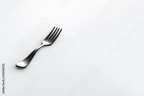 Fork is black on gray background. Isolated object. Horizontal image. 3D image. 3D rendering.