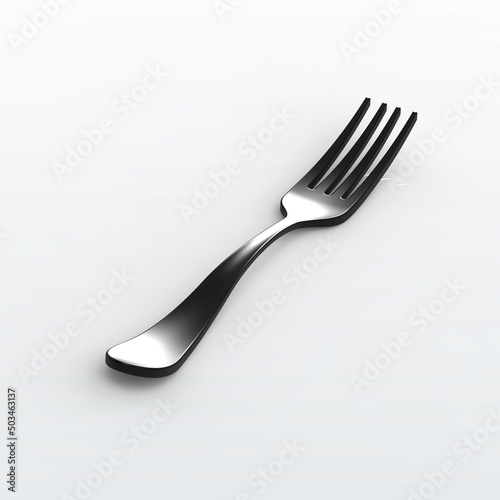 Fork is black on gray background. Isolated object. Square image. 3D image. 3D rendering.