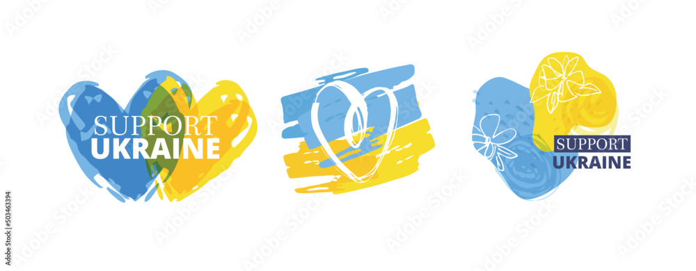Support Ukraine label. Blue yellow ukrainian flag background.