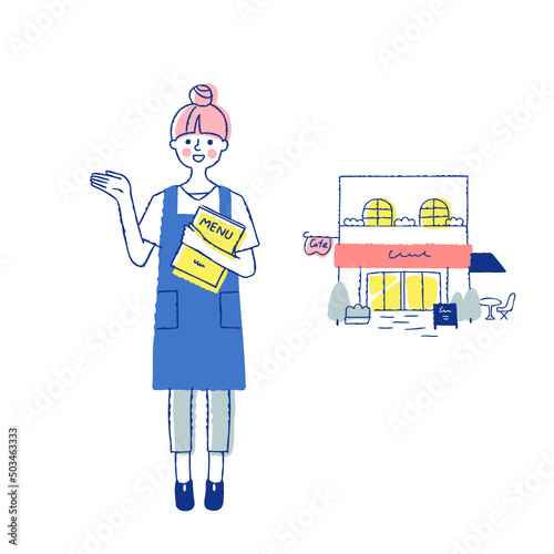 案内をするカフェ店員とカフェ