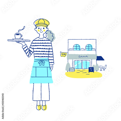 コーヒーを運ぶカフェ店員とカフェ