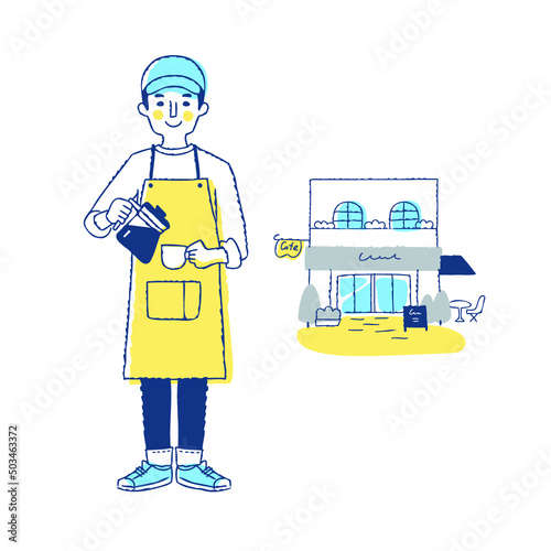 コーヒーを淹れるカフェ店員とカフェ