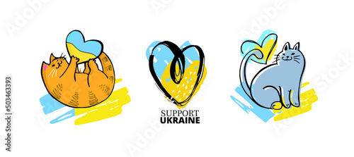 Support Ukraine label. Blue yellow ukrainian flag background.