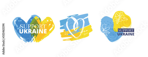 Support Ukraine label. Blue yellow ukrainian flag background.