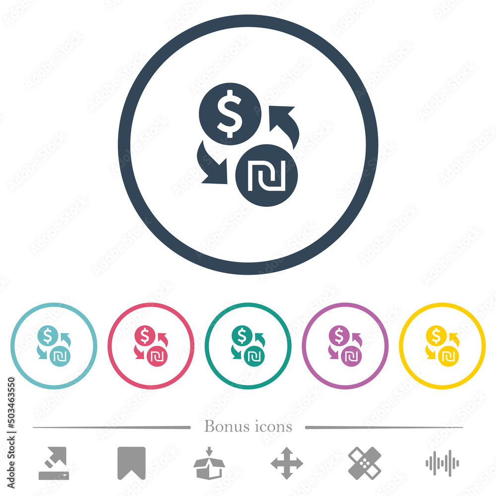 Dollar new Shekel money exchange flat color icons in round outlines Dollar new Shekel money exchange flat color icons in round outlines