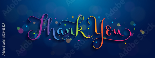 THANK YOU vector brush calligraphy with flourishes and colorful bokeh lights and stars on dark blue background
