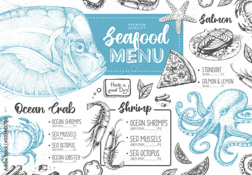 Seafood restaurant menu design with hand drawing fish. Vector illustration