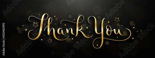THANK YOU metallic gold vector brush calligraphy banner with bokeh lights and stars on black background