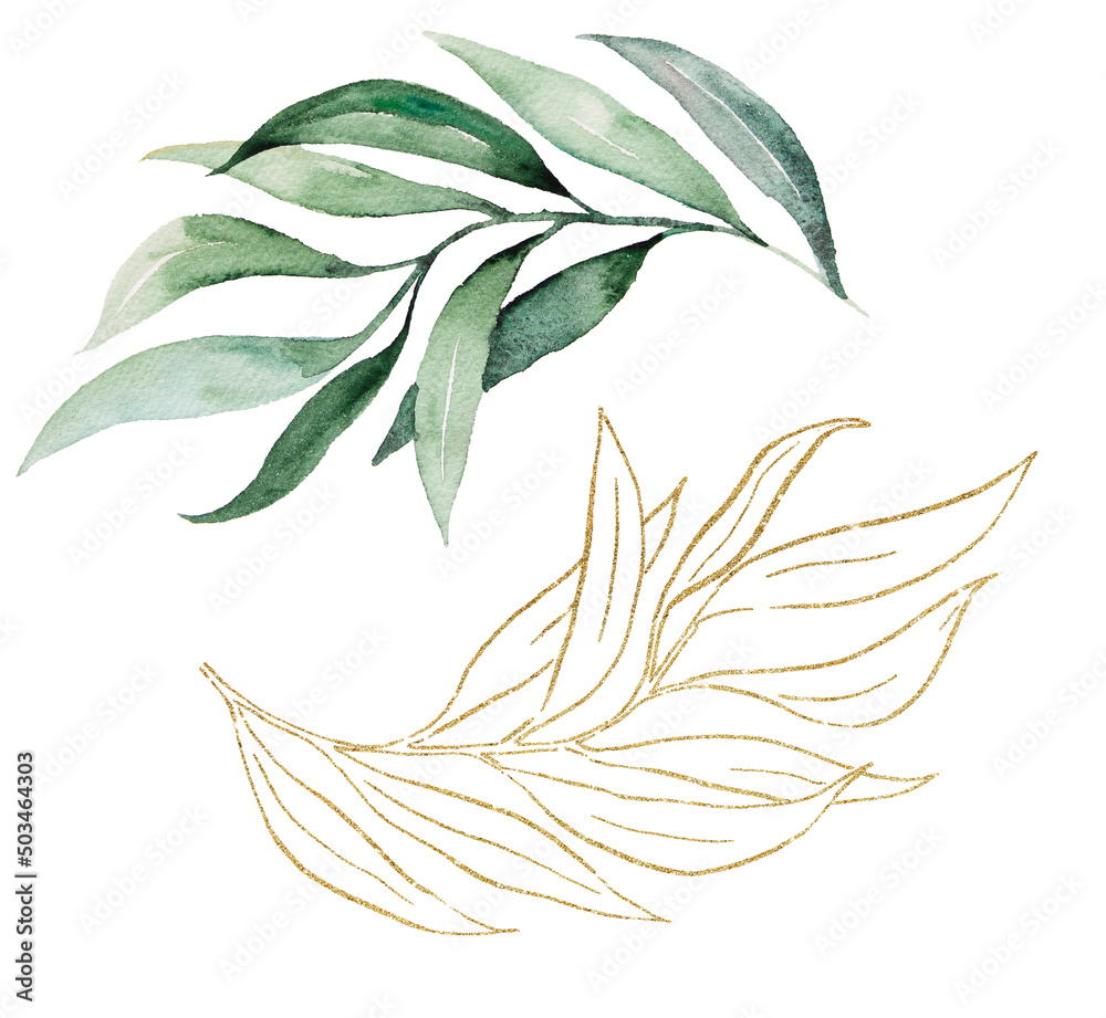 Green and Golden watercolor botanical leaves illustration Green and Golden watercolor botanical leaves illustration
