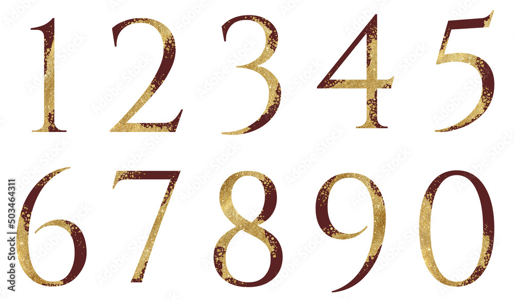 Dark red and Golden glitter numbers with dispersion effect, festive design element Dark red and Golden glitter numbers with dispersion effect, festive design element
