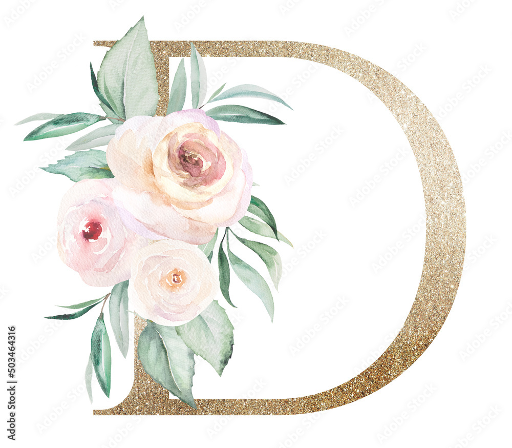 Light golden Letter D with watercolor roses and leaves. Pastel floral ...
