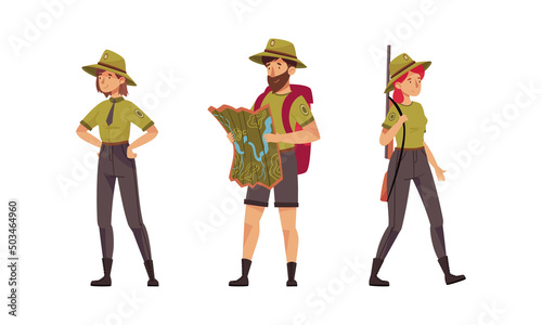 Forest rangers working in national parks. Park ranger in uniform protecting nature vector illustration