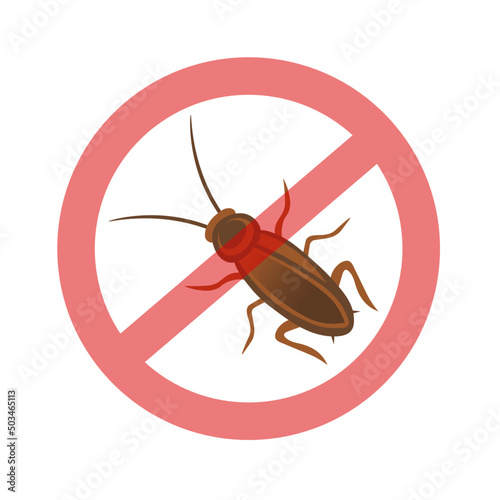 Anti cockroach logo. Cockroach isolated vector illustration. One insect. Roach and red ban mark. Parasite kill, repellent concept. Pest control service. Anti bug emblem. Bug prohibition sigh.