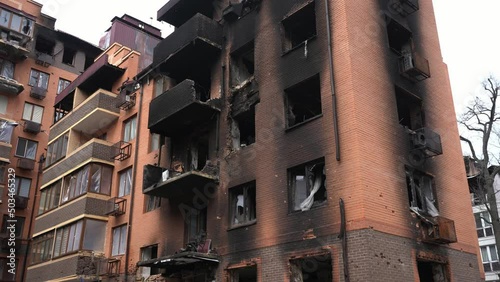 Irpen/Ukraine - 7.05.2022: Bombed and burned house of civilians during the Russian occupation