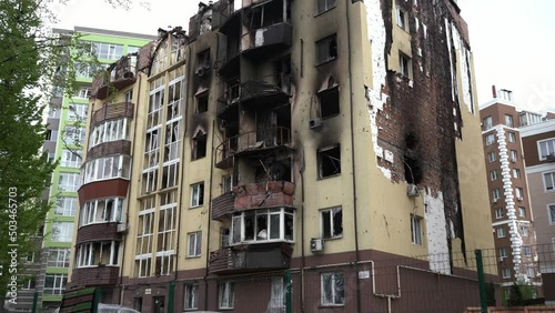 Irpen/Ukraine - 7.05.2022: Bombed and burned house of civilians during the Russian occupation