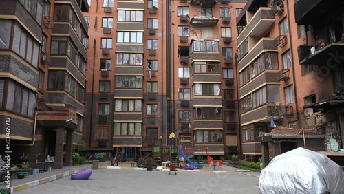 Irpen/Ukraine - 7.05.2022: Bombed and burned house of civilians during the Russian occupation