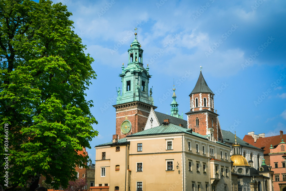 Bell tower of the church inside the Wawel castle in Krakow, Poland. Royal palace. Summer time. High quality photo