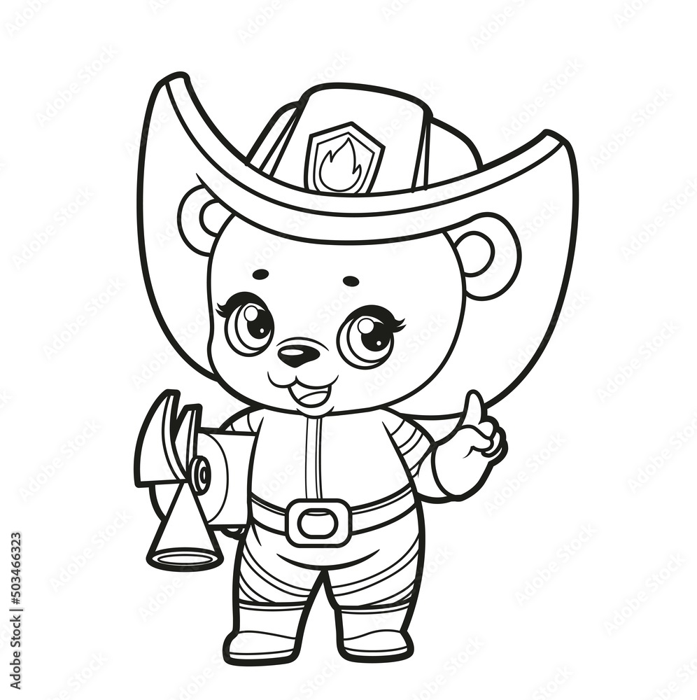 Cute cartoon baby bear dressed as a firefighter with a fire extinguisher in its paws outlined for coloring page on white background Cute cartoon baby bear dressed as a firefighter with a fire extinguisher in its paws outlined for coloring page on white background