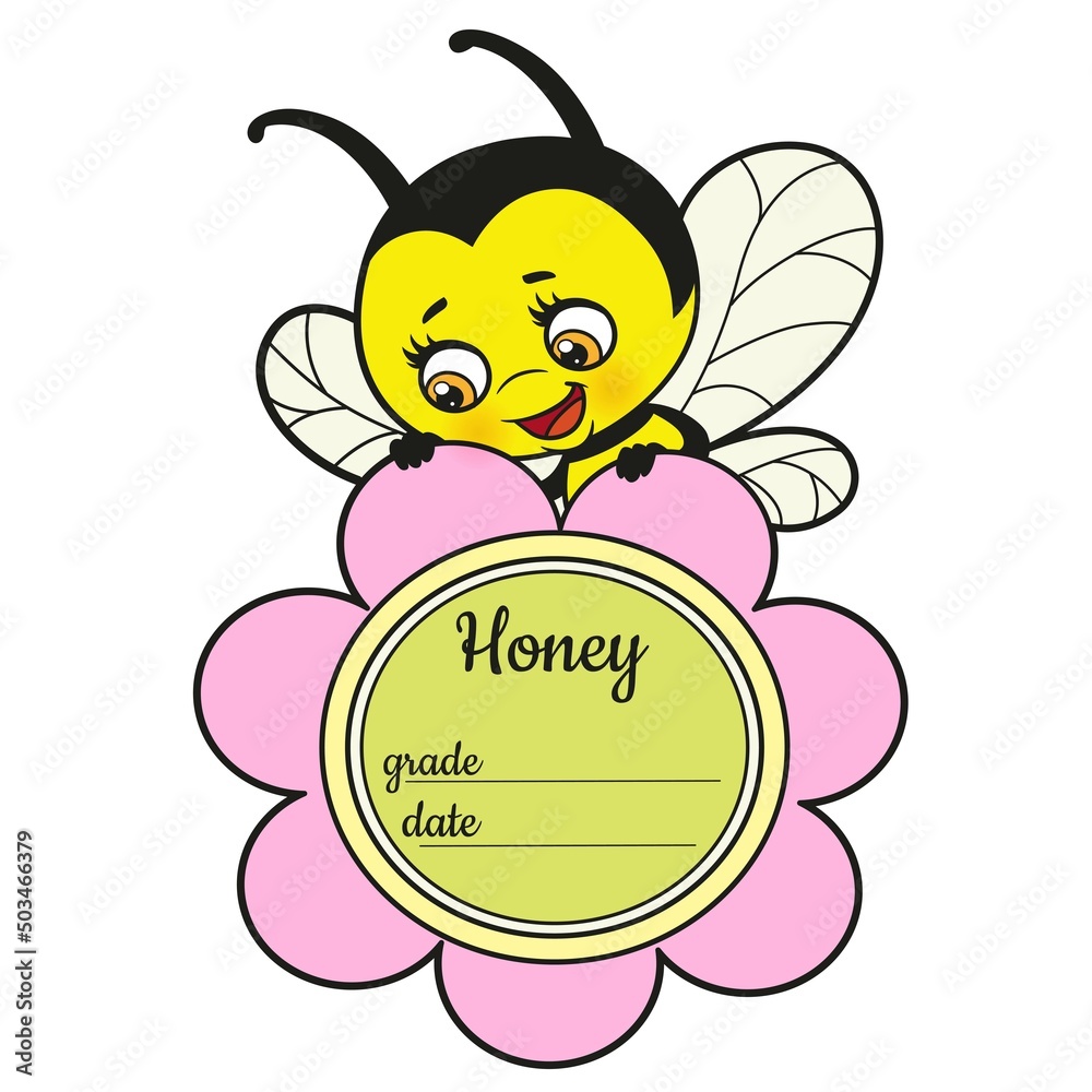 Vertical label design with bee and flower with space for honey variety and bottling date outlined for coloring page on white background Vertical label design with bee and flower with space for honey variety and bottling date outlined for coloring page on white background