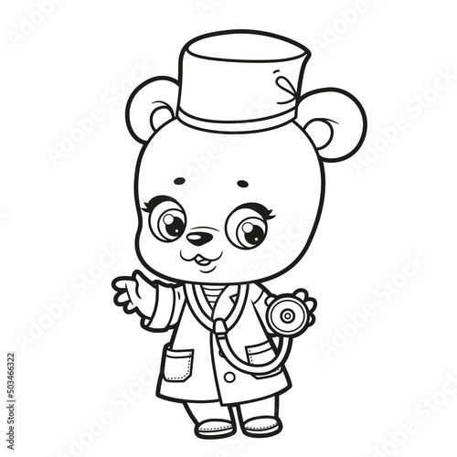 Cute cartoon baby bear dressed as a doctor with a phonendoscope outlined for coloring page on white background