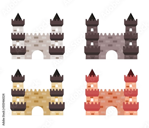 Vector illustration set for kids with an old fort and gate to the city. Medieval, fairy tales, magic, royal palaces.