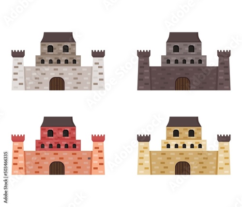 Vector illustration set for kids with old castle and fort. Medieval, fairy tales, magic, royal palaces.