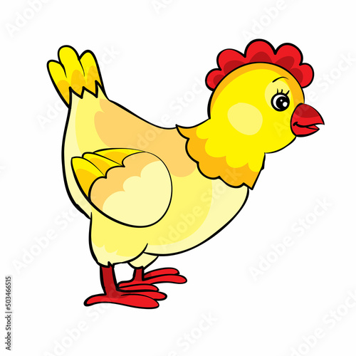 yellow hen with red comb, cartoon illustration, isolated object on white background, vector,
