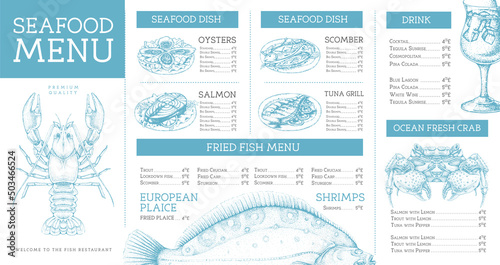 Seafood restaurant menu design with hand drawing fish. Vector illustration
