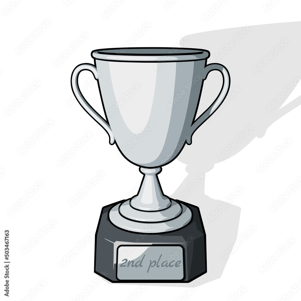 Silver trophy cup or champions cup with 2nd place text on silver plate.  Vector illustration in comic cartoon style on a white background Векторный  объект Stock | Adobe Stock
