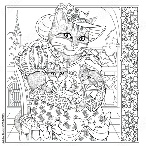 Fantasy fairytale cat girl with kittens. Vintage coloring book page for adults. 