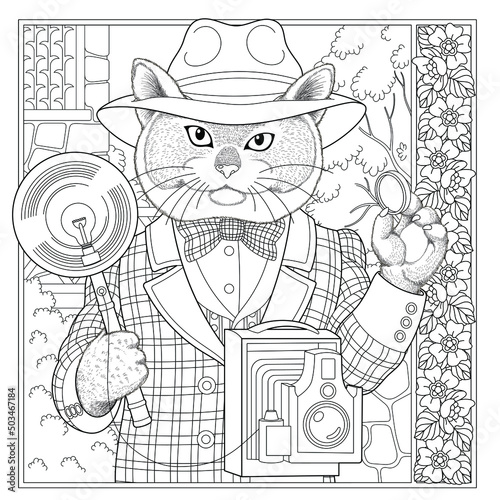 Fantasy fairytale cat man. Vintage coloring book page for adults. 